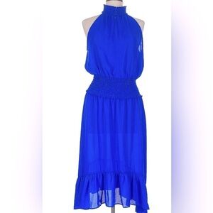CeCe Smocked waist high neck halter flowy blue sleeveless dress